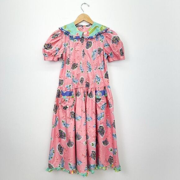 Mousefeathers Vintage Girls Pink Blue Hydrangea Multi Floral Peter Pan Collar Ma - Picture 1 of 10